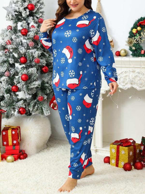  Two-Piece Set Christmas Print Long Sleeve Tee & Elastic Waist Pants Pajama Set, Casual Comfy Round Neck Top & Trousers PJ Set, Women's Sleepwear for Fall & Winter