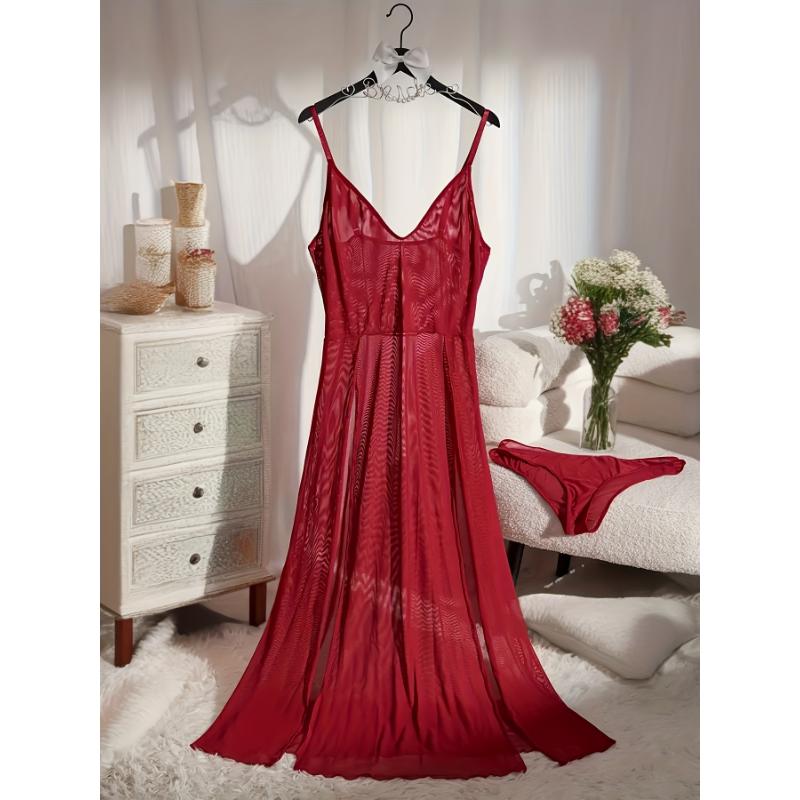 Women's Sexy Lingerie Dress Set, Plus Size Semi Sheer Thigh Split Long Mesh Cami Dress & Panty Lingerie 2 Piece Set