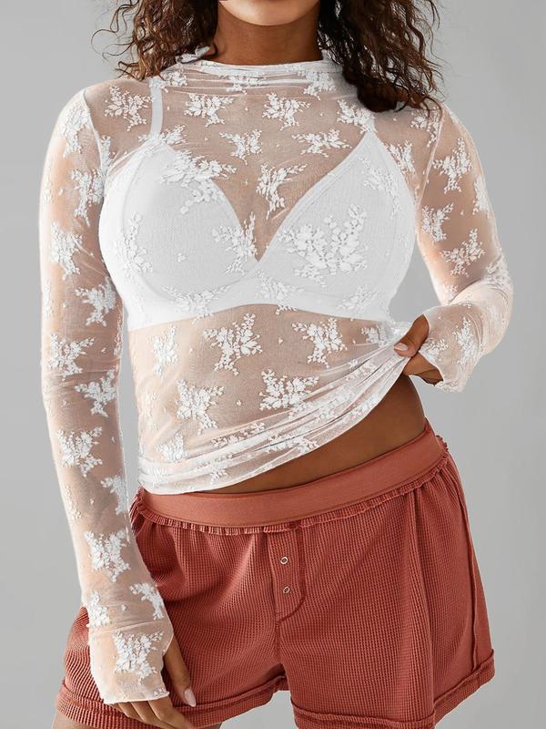  Floral Lace Sheer Lettuce Trim Tee, Long Sleeve Round Neck T-shirt for Women, Women's Clothing for Summer