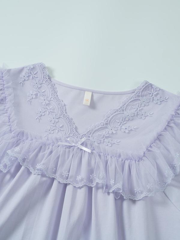Women's Contrast Lace Ruffle Trim Nightdress, Long Sleeve V Neck Nightgown, Ladies Sleepwear for Spring & Fall