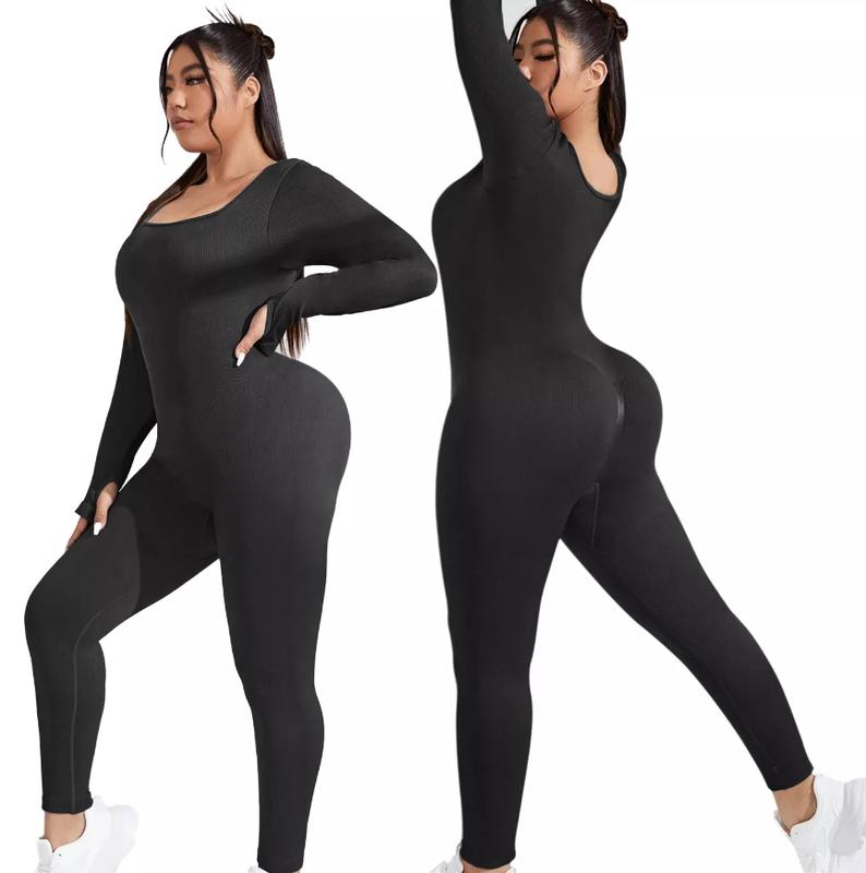 Women Long Sleeve Bodysuit, Sleeveless Square Neck Jumpsuit, Tummy Control Shapewear for Women, Black Womens Bodysuit, Stretchy Fitness Gym Suit