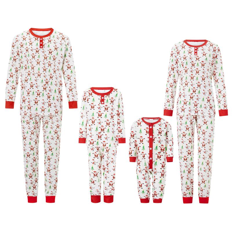 Christmas Family Pajamas Matching Set, Santa Claus Tree Print T-shirt with Pants Sleepwear Loungewear