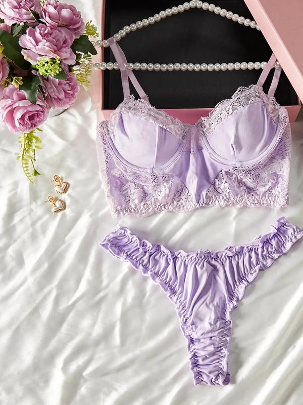 Women's Sheer Ruched Sexy Lace Lingerie Set, Romantic Underwire Bra & Frill Trim Thong Set, Soft Comfortable Underwear Set for Women
