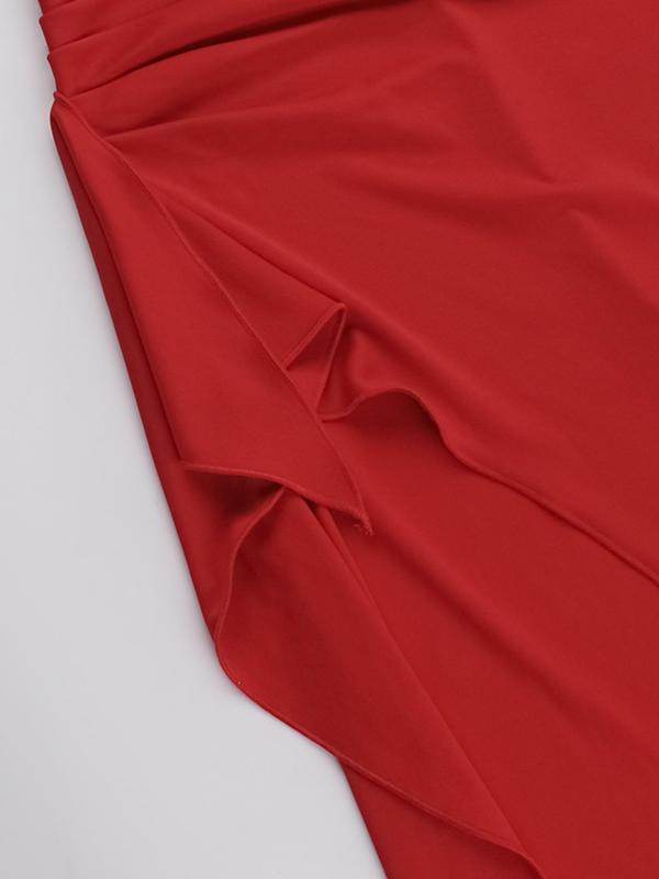 Women's Plain Ruched Ruffle Trim Split Thigh Cami Dress, Elegant Adjustable Strap Deep V Neck Maxi Dress for Party Club Dating Wear, Ladies Clothes for All Seasons
