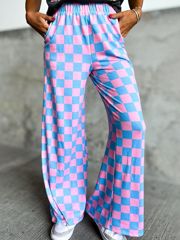 Women's Plaid Print Pocket Elastic Waist Straight Leg Pants, Casual Comfy Trousers for Daily Wear, Pants for Women, Ladies Bottoms for All Seasons