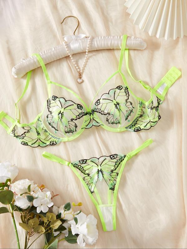 Women's 2pcs Butterfly Embroidery Sheer Sexy Lingerie Set, Breathable Comfortable Push Up Bra & Thong, Fashion Lingerie Set for Women