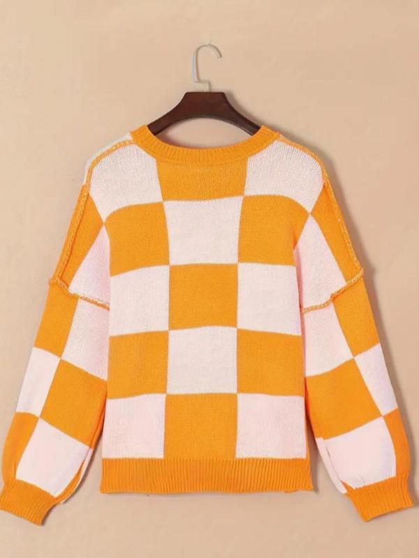 Women's Colorblock Plaid Print Drop Shoulder Sweater, Casual Long Sleeve Round Neck Jumper for Fall & Winter, Fashion Ladies' Knitwear for Daily Wear