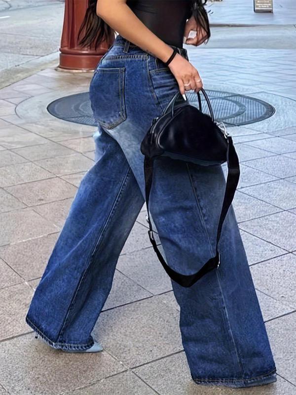 Women's Plain Pocket Wide Leg Jeans, Casual Street Comfy Denim Pants for Daily Wear, Ladies Bottoms for All Seasons