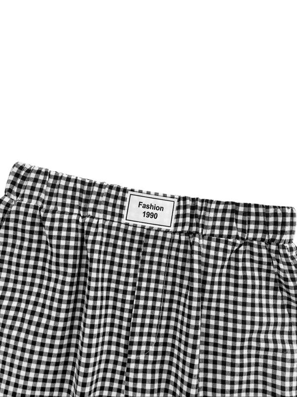 Women's Plaid Print Patched Wide Leg Shorts, Casual Pocket Elastic Waist Shorts for Daily Wear, Ladies Bottoms for All Seasons, Preppy 80s Clothes