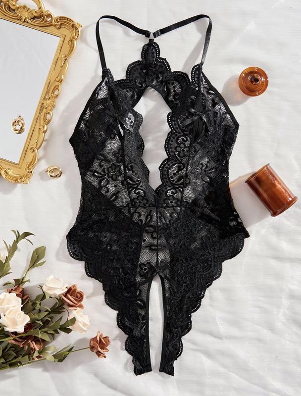 Women's Sexy Lingerie One Piece Women Deep V Floral Lace Bodysuit heart ring backless lingerie nightwear womenswear lady
