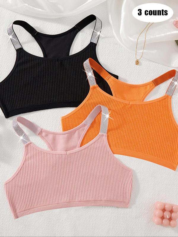 Women's Solid Color Ribbed Contrast Sequin Backless Bra, Casual Comfortable Breathable Bra for Daily Wear, Women's Lingerie for All Seasons