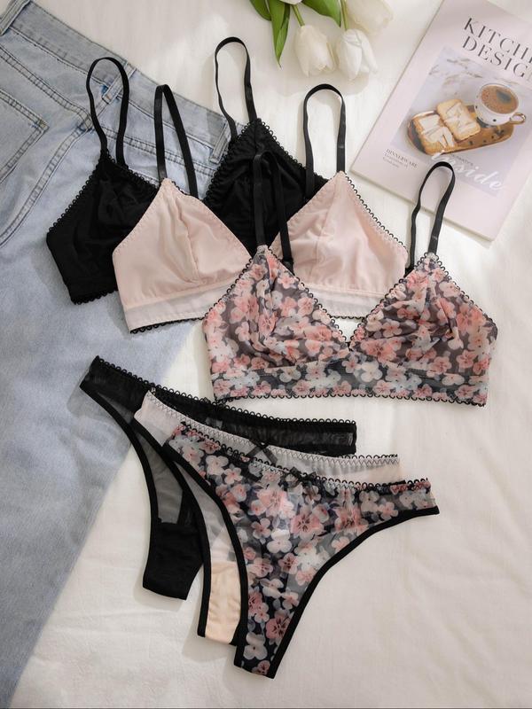 Women's 6pcs Floral Print Bra & Contrast Mesh Thong Set, Adjustable Strap Bow Decor Lingerie Set, Soft Comfy Underwear Set for Women