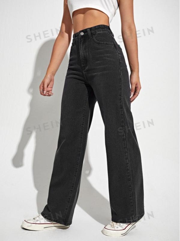 Women  High Waist Slant Pocket Straight Leg Jeans Fashion Fit