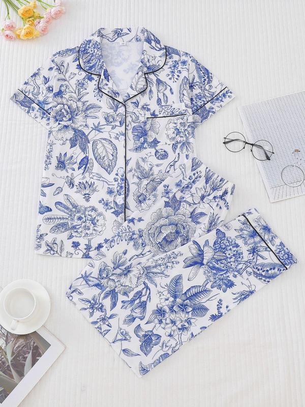 Women's Floral Print Lapel Neck Pocket Shirt & Elastic Waist Pants Pyjama Set, Casual Comfy Short Sleeve Button Up Top & Trousers Pj Set, Ladies Sleepwear for Spring & Fall, Pajama Sets Women