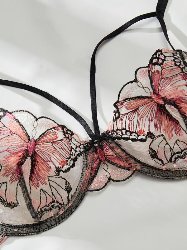Women's 2pcs Butterfly Embroidery Sheer Sexy Lingerie Set, Breathable Comfortable Push Up Bra & Thong, Fashion Lingerie Set for Women