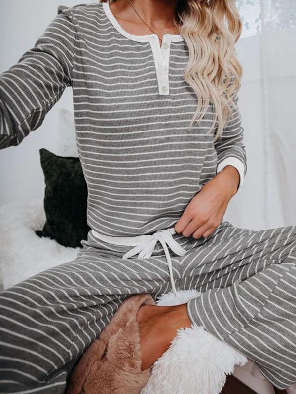 Women's Striped Print Button Tee & Tie Front Pants Loungewear Two-piece Set, Casual Comfy Round Neck Long Sleeve Top & Elastic Waist Trousers PJ Set, Women's Sleepwear for Spring & Fall