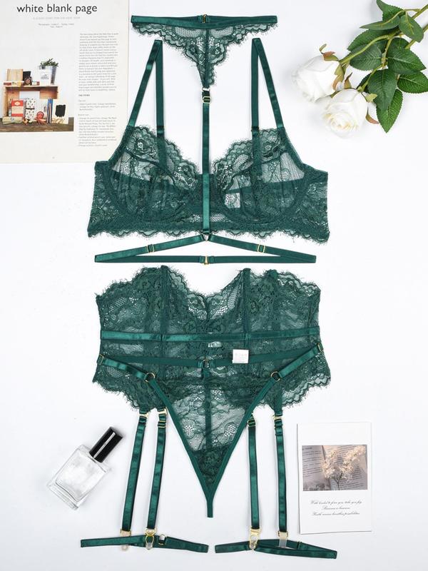 Women's Solid Sheer Lace Sexy Lingerie Set, Adjustable Strap Bra & Thong & Garter Belt & Thigh Rings Set, Sexy Lingerie Set for Women