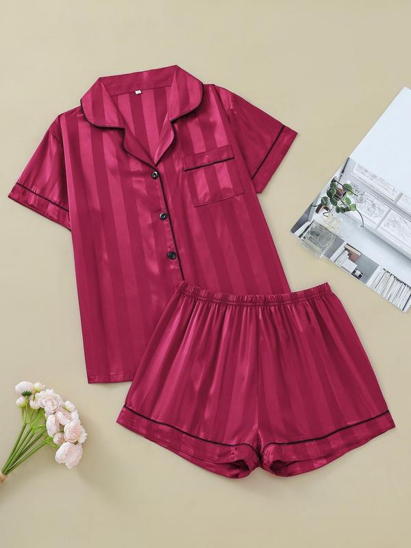 Two Counts Women's Contrast Binding Pocket Satin Pyjama Set, Casual Button Front Shirt & Elastic Waist Shorts, Summer Clothes Women, Pj Sets for Women, Comfort Homewear for Lady