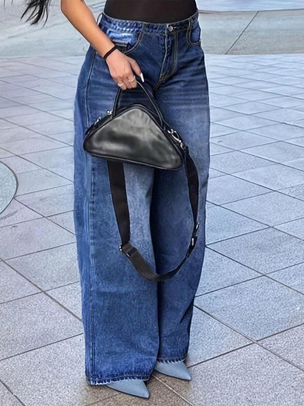 Women's Plain Pocket Wide Leg Jeans, Casual Street Comfy Denim Pants for Daily Wear, Ladies Bottoms for All Seasons