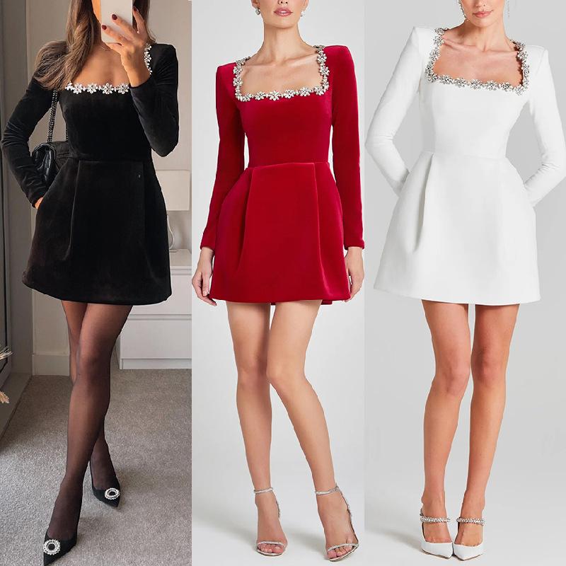 Square Neck Long Sleeve Short Wedding Dresses for Brides Velvet Beaded Mini Prom Bridal Shower Gown Party Dress