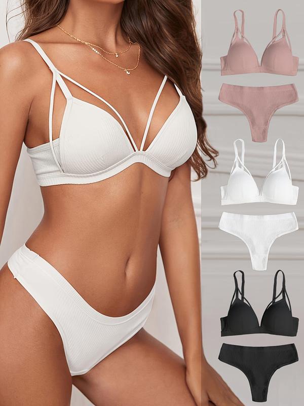 Women's Solid Color Push Up Bra & Panty Set, Casual Comfy Breathable Underwear Set for Daily Wear, Women's Underwear Set for All Seasons
