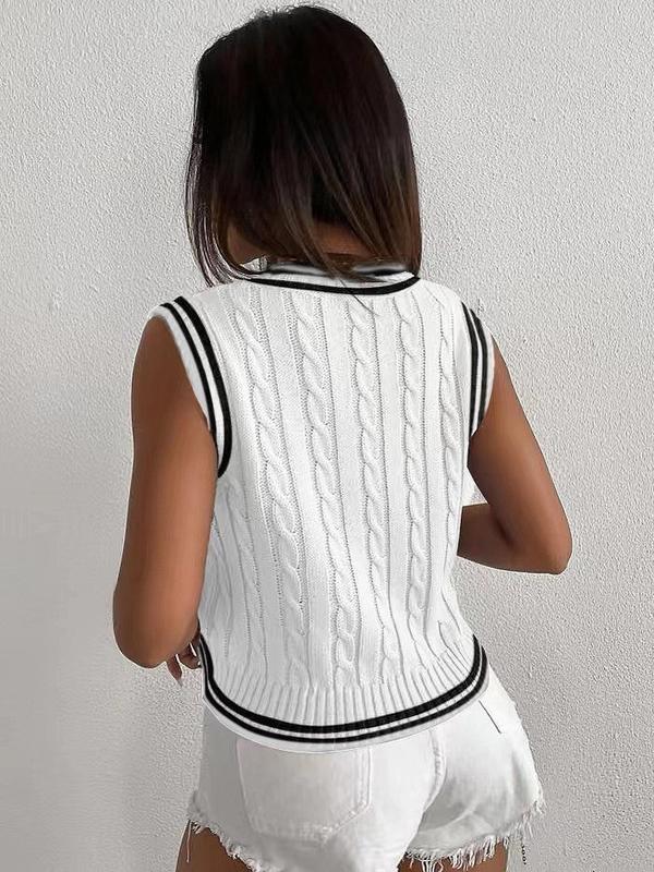 Women's Contrast Binding Sweater Vest, Casual V Neck Knit Top For Spring & Fall, Sweaters for Women, Minimalist Knitting Tank Tops, Women's Clothes For Daily Wear, Women's Knitwear, Muslim Gift