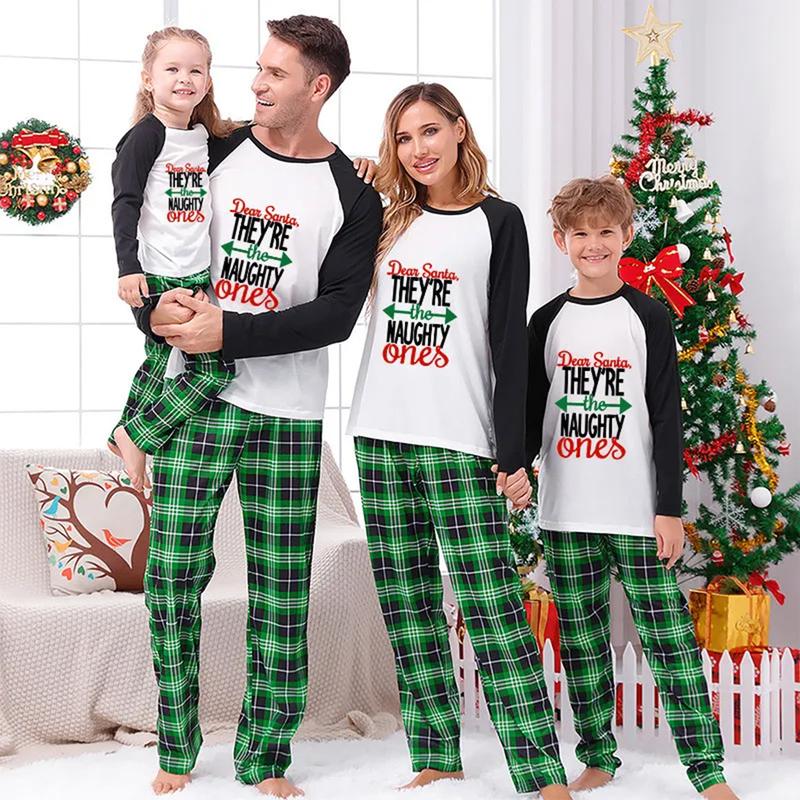 Matching Family Christmas Pajamas, Long Sleeve Letter Raglan Tops + Plaid Pants Set Loungewear Womenswear Clothing