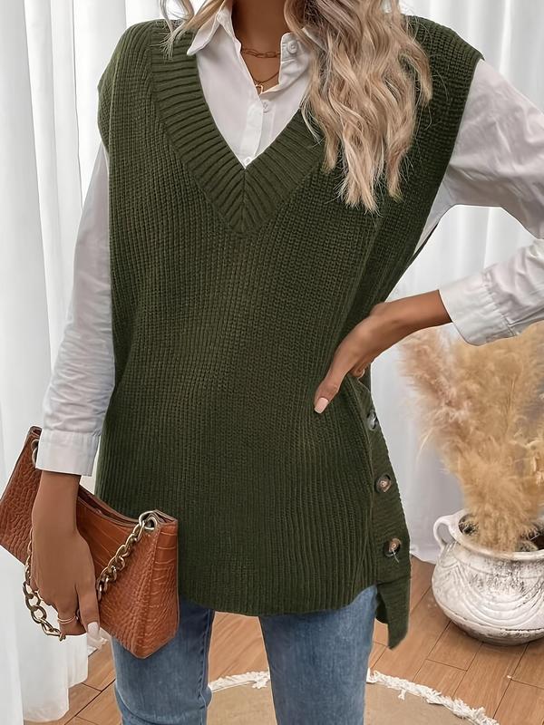 Women's Plain High Low Hem Button V Neck Sweater Vest, Casual Solid Color Sleeveless Knit Top for Daily Wear, Ladies Clothes for All Seasons