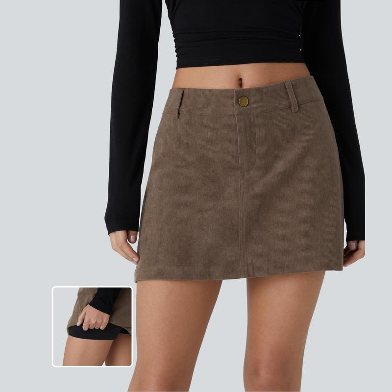 Halara Mid Low Rise Button Zipper 2-in-1 A Line Mini Casual Corduroy Skirt