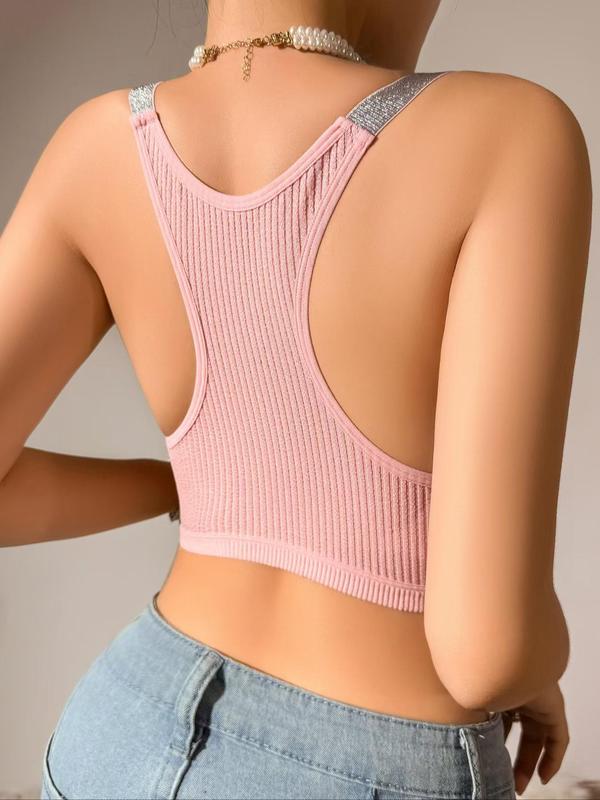 Women's Solid Color Ribbed Bralette, Breathable Comfortable Push Up Bra, Women's Lingerie for All Seasons