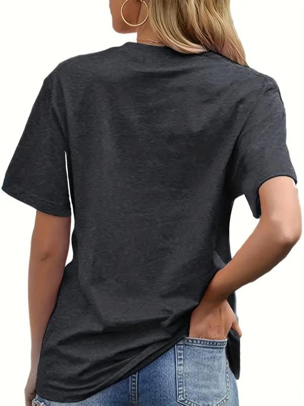Women's Cartoon Cat & Letter Print Round Neck Graphic Tee, Casual Short Sleeve T-Shirt for Summer, Women's Clothes for Daily Wear
