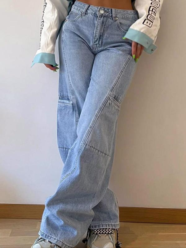 Women's Plain Pocket Button Straight Leg Jeans, Casual Comfy Denim Jeans for Daily Wear, Ladies Bottoms for Fall & Winter