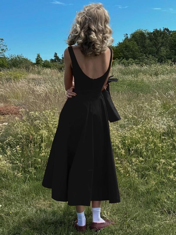 Women's Plain Backless Boat Neck A Line Dress, Elegant Sleeveless Zipper Back Long Dress for Party Holiday Wedding Guest, Ladies Summer Clothes