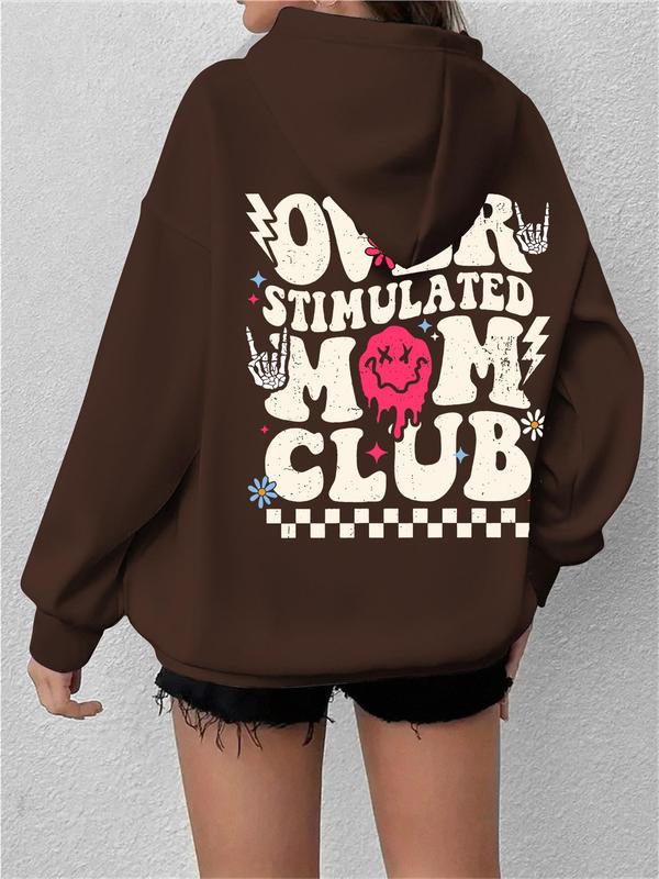 Women's Cartoon Letter Print Drop Shoulder Hoodie,  Fall Outfits 2024 Fashion Casual Drawstring Pocket Hooded Sweatshirt for Daily Holiday Outdoor Wear, Ladies Clothes for All Seasons