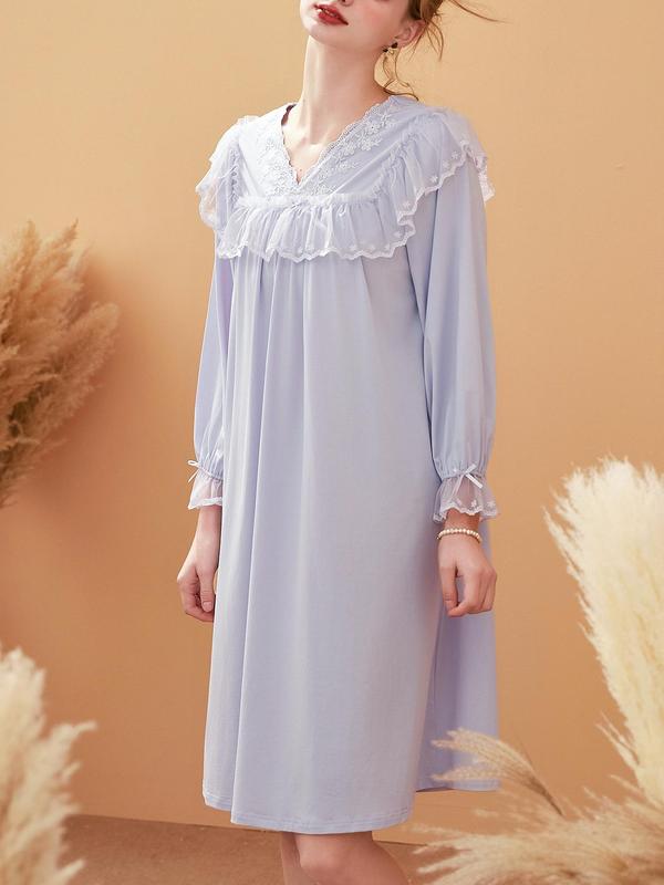 Women's Contrast Lace Ruffle Trim Nightdress, Long Sleeve V Neck Nightgown, Ladies Sleepwear for Spring & Fall