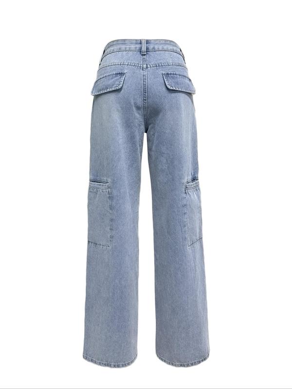 Women's Plain Pocket Button Straight Leg Jeans, Casual Comfy Denim Jeans for Daily Wear, Ladies Bottoms for Fall & Winter