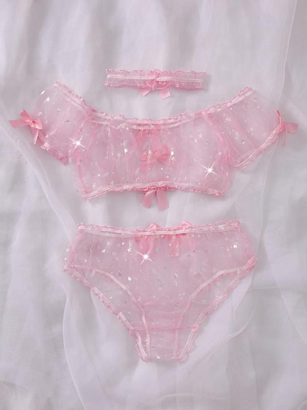 Women's Contrast Sequin Bow Front Sheer Sexy Lingerie Three-Piece Set, Romantic Sexy Lettuce Trim Top & Panty & Choker Set, Women's Sexy Lingeries & Costumes for All Seasons
