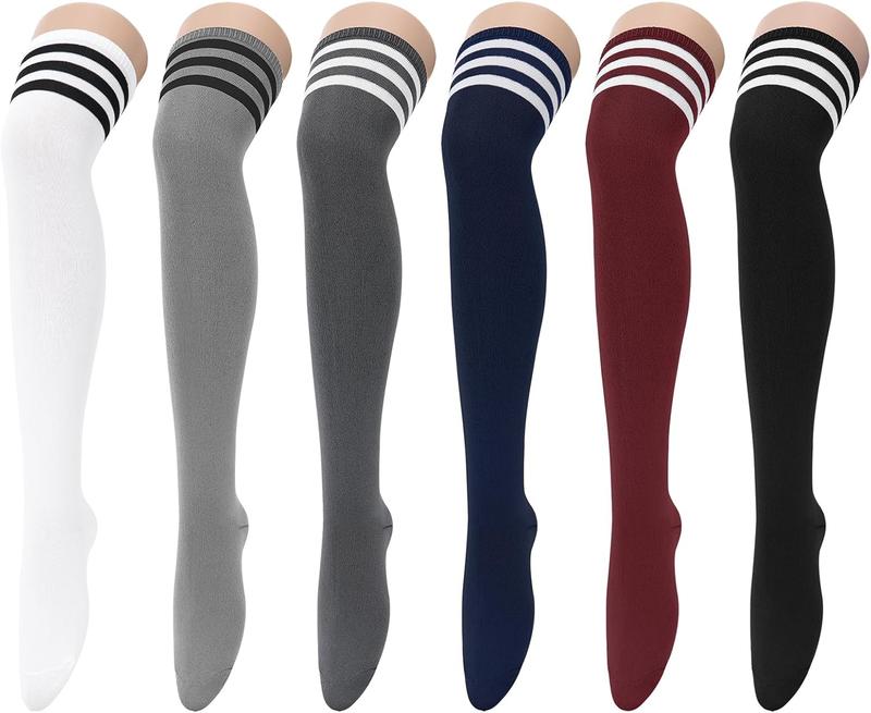 6 Pairs Thigh High Socks for Women Triple Stripe Long Over the  High Socks Thigh Highs Leg Warmer Stockings