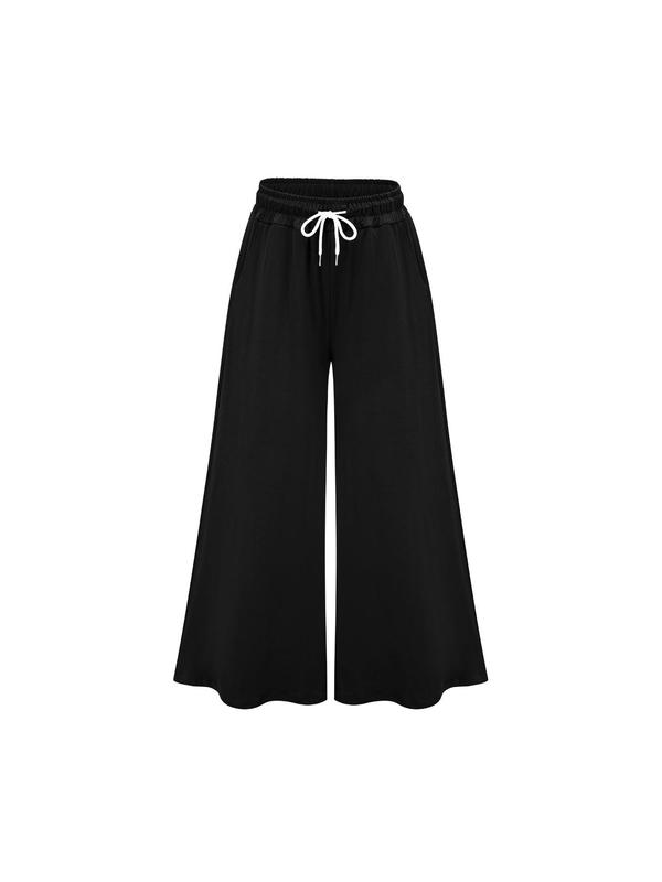  Solid Drawstring Waist Wide Leg Pants, Casual Pocket Trousers for Daily Wear, Pants for Women, Baggy Pants, Women's Bottoms for All Seasons