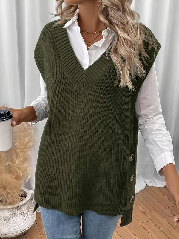 Women's Plain High Low Hem Button V Neck Sweater Vest, Casual Solid Color Sleeveless Knit Top for Daily Wear, Ladies Clothes for All Seasons