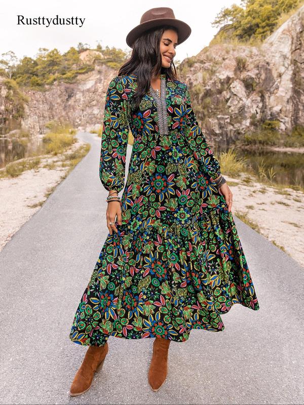 Women's Floral Print Ruffle Hem Split Thigh Vintage A Line Dress, Boho Fashion Bishop Sleeve Notched Neck Long Dress for Daily Holiday Vacation Wear, Ladies Dress for All Seasons, Fall Clothes 2024