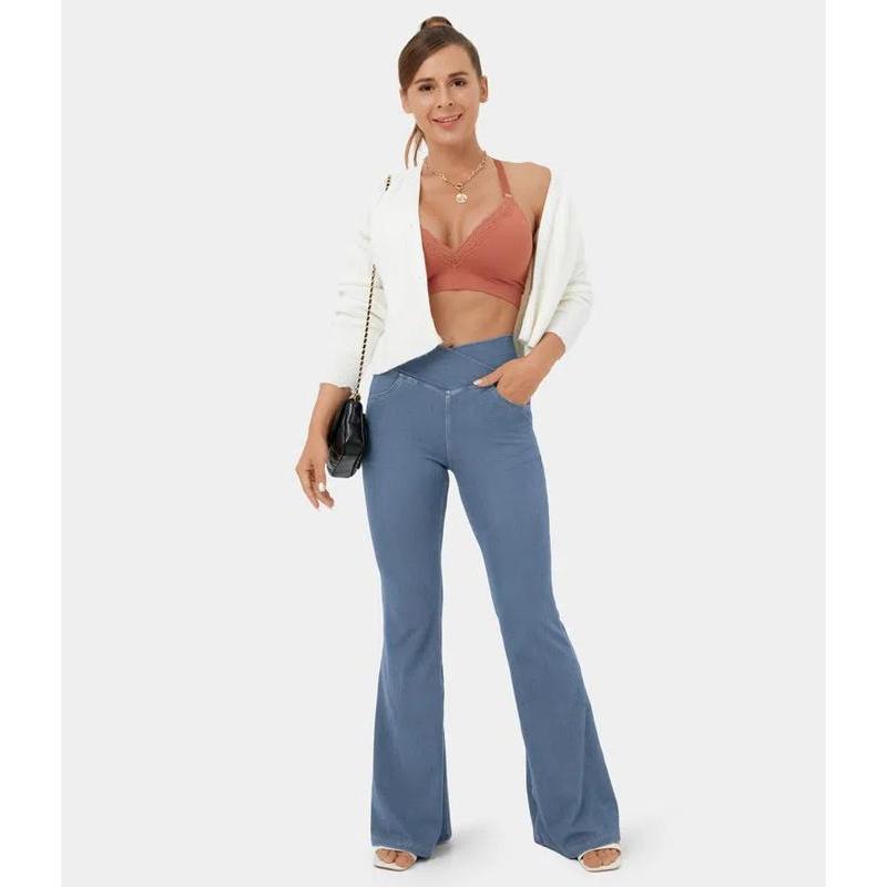 HalaraMagic High Waisted Crossover Pocket Cool Touch Washed Stretchy Knit Casual Super Flare Jeans