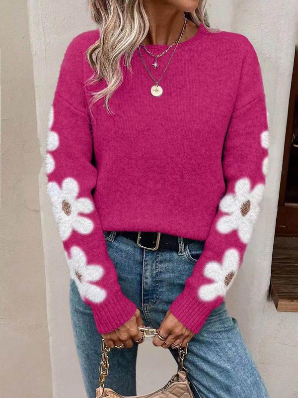 Women's Floral Print Drop Shoulder Sweater, Casual Long Sleeve Round Neck Jumper for Fall & Winter, Fashion Ladies' Knitwear for Daily Wear