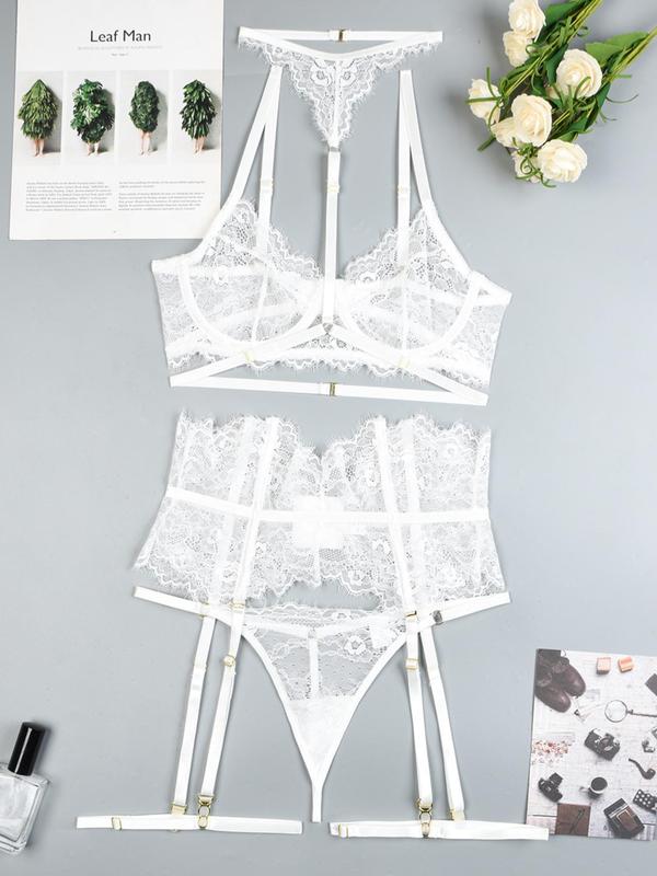 Women's Solid Sheer Lace Sexy Lingerie Set, Adjustable Strap Bra & Thong & Garter Belt & Thigh Rings Set, Sexy Lingerie Set for Women