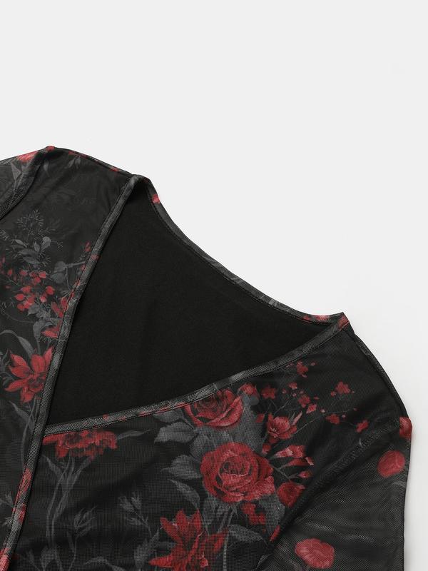 YOZY Women's Floral Print Wrap V Neck Flounce Sleeve Tee, Elegant Long Sleeve Top for Spring & Fall, Women's Clothing for Daily Wear