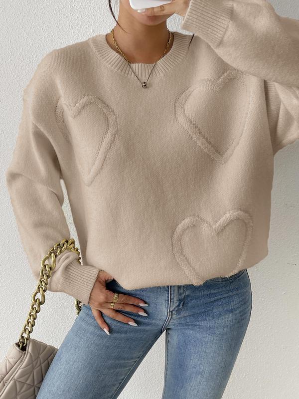 Women's Heart Patched Drop Shoulder Sweater, Casual Long Sleeve Round Neck Jumper for Fall & Winter, Fashion Ladies' Knitwear for Daily Wear