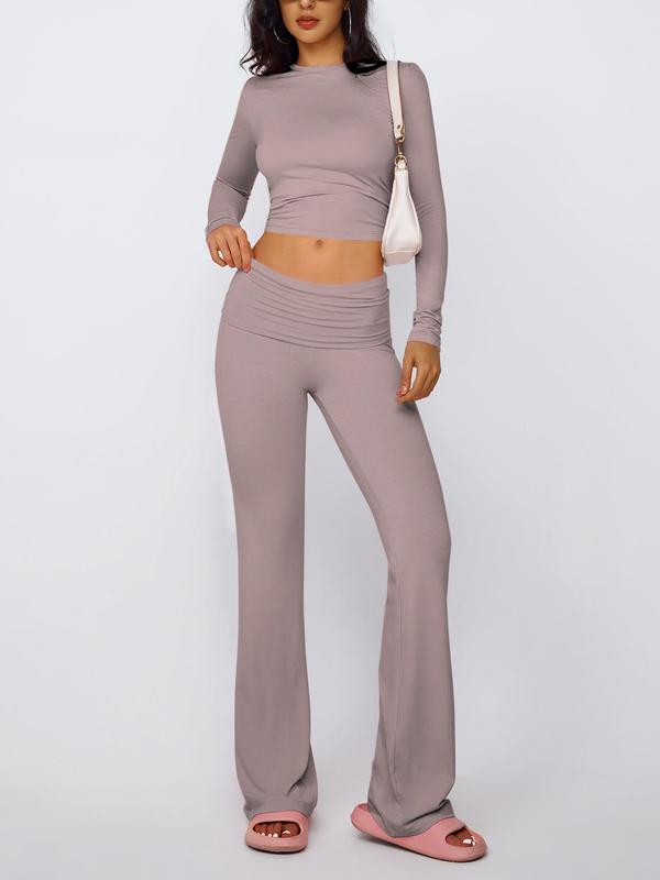 Women's Solid Long Sleeve Short Tee & Flare Leg Pants Set, Casual Round Neck Top & Bell Bottom Trousers for Daily Wear, Ladies Clothes for All Seasons