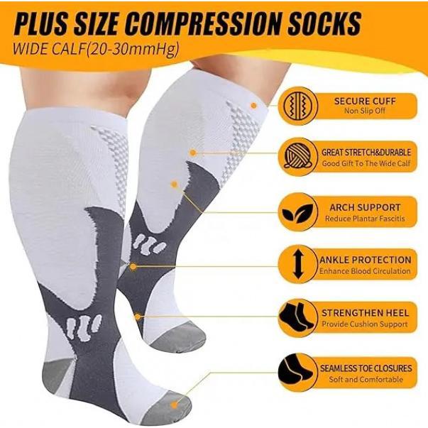 1 3Pairs 3XL-7XLPlus Size Wide Calf Compression Socks Women Men 15-20mmhg Large size Compression Sock for Nurse Pregnancy Travel