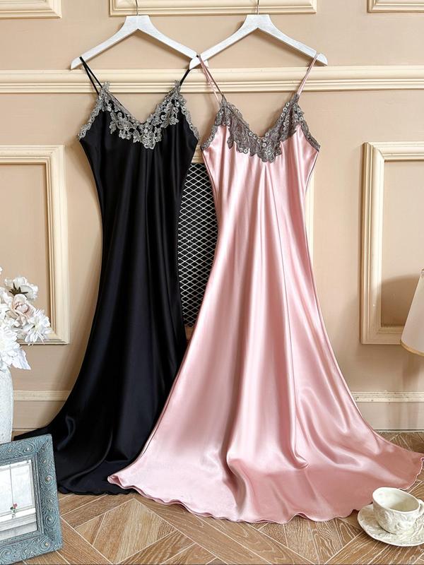 Women's Contrast Lace Backless Satin Cami Nightdress, Adjustable Spaghetti Strap V Neck Nightgown, Women's Sleepwear for All Seasons