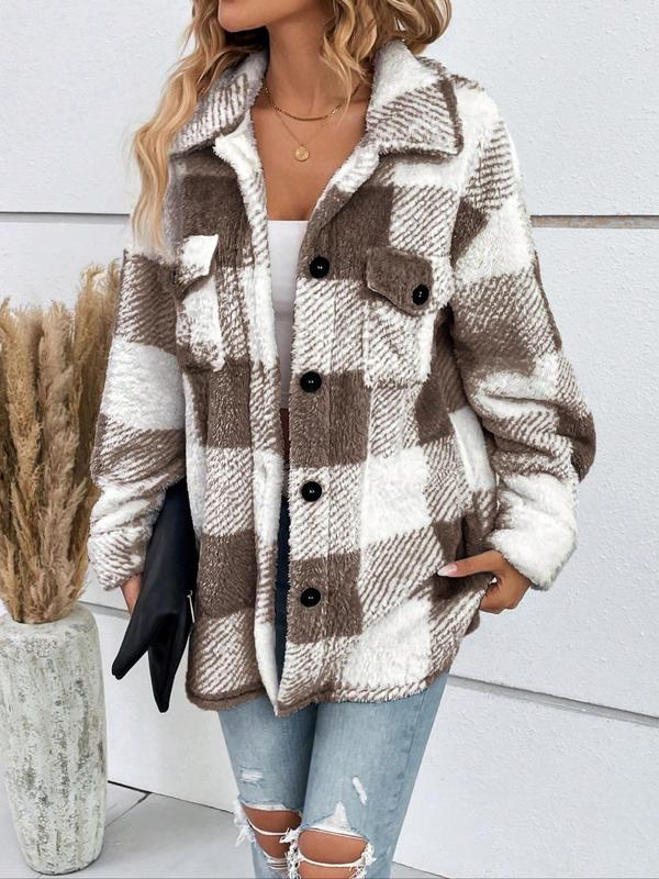 Women's Plaid Print Button Front Drop Shoulder Plush Coat, Casual Jackets, Long Sleeve Collared Outerwear for Fall & Winter, Ladies Clothes for Daily Wear